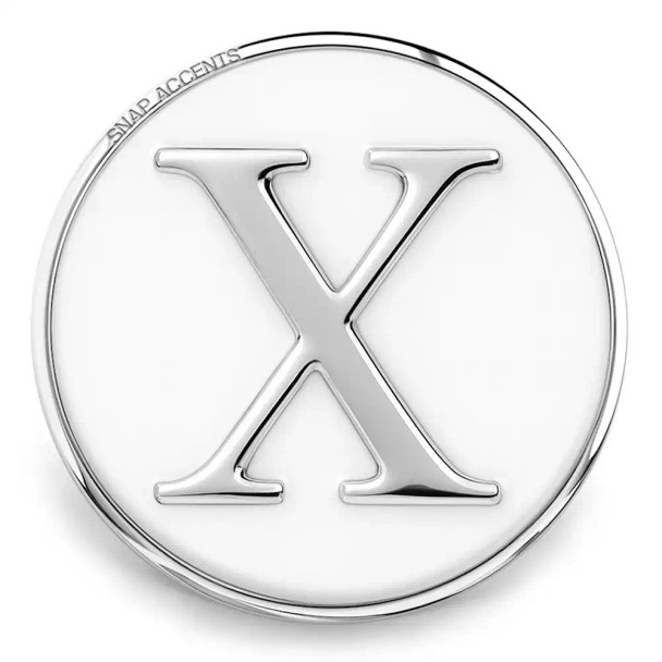 Silver SnapAccents snap charm with a polished letter X design, round shape, smooth edges, and high-shine finish, perfect for customizable snap jewelry bracelets and accessories.