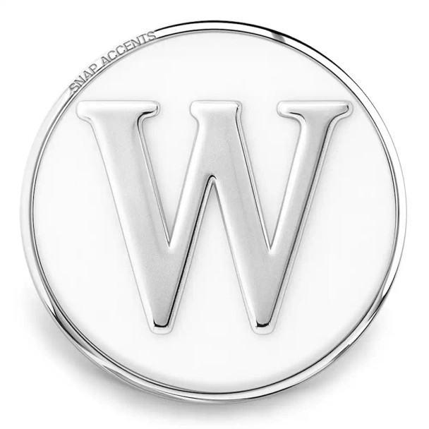 Silver SnapAccents snap charm with raised letter W, round polished metal design, interchangeable jewelry accessory for bracelets and necklaces, personalized initial snap button.