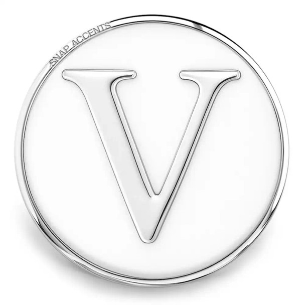 Silver SnapAccents round snap jewelry charm with raised letter V initial, polished metal finish, interchangeable accessory for bracelets and necklaces, personalized fashion accent.