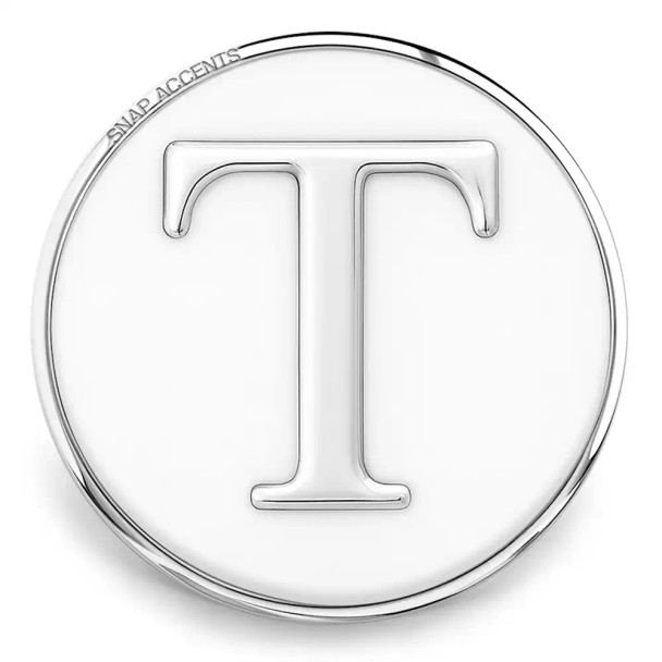 Silver SnapAccents round snap charm with raised letter T, interchangeable jewelry accessory for bracelets and necklaces, minimalist initial pendant design.