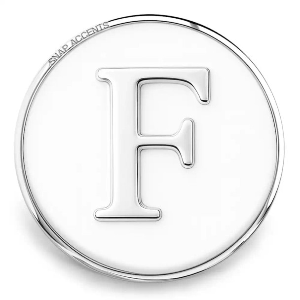Silver SnapAccents snap charm with raised letter "F" initial, round metal interchangeable jewelry piece for bracelets, necklaces, and accessories.