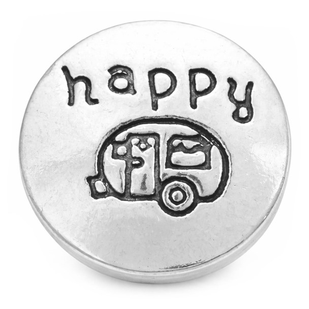 silver-tone snap jewelry charm with the word happy above a hand-stamped camper design