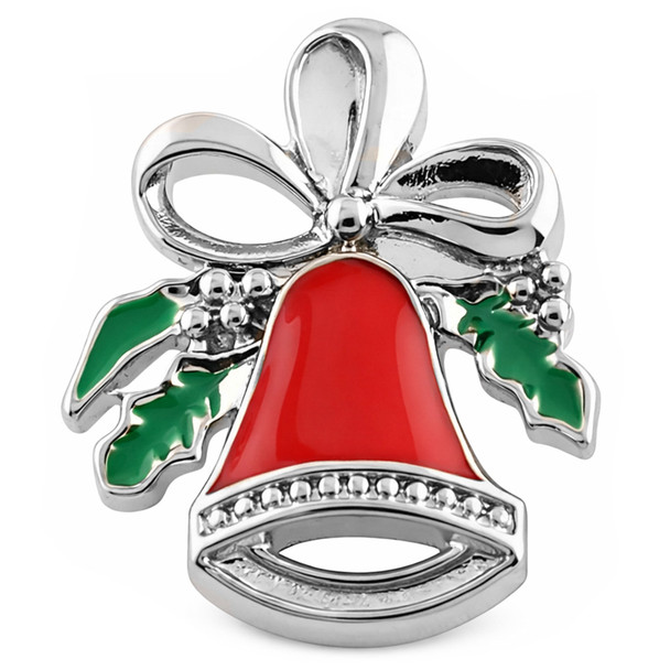 snap jewelry charm shaped like a red bell with a silver bow and green enamel holly leaves with silver berries