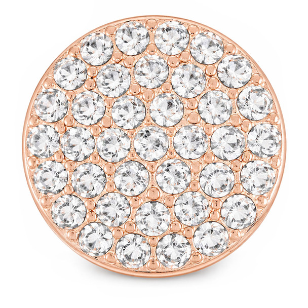 round rose gold snap jewelry charm covered with multiple clear rhinestones arranged in a grid pattern