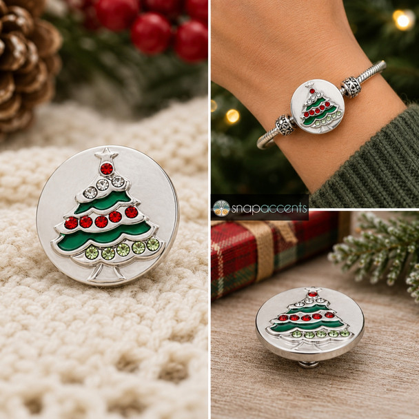 Round silver snap jewelry charm featuring a Christmas tree design with red, white, and green rhinestones, shown loose and on a bracelet.