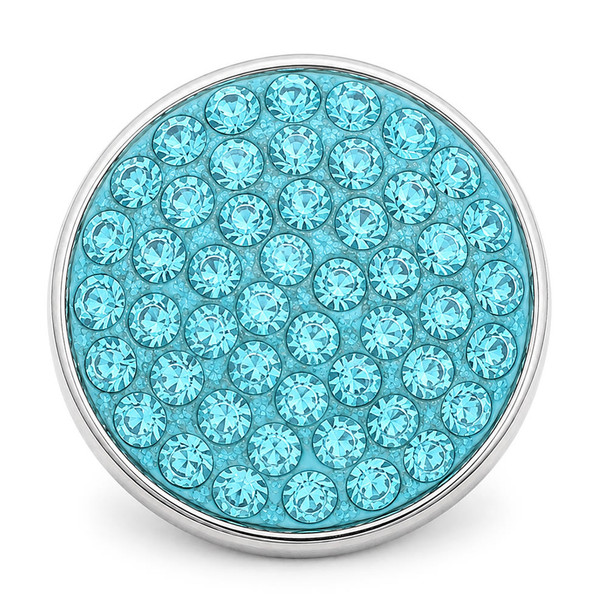 round snap jewelry charm covered with multiple aquamarine rhinestones set in a silver-tone base