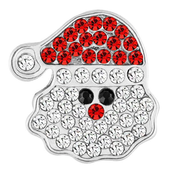 Santa Claus snap jewelry charm with red rhinestones on the hat, white rhinestones for the beard and hat trim, and black rhinestones for the eyes