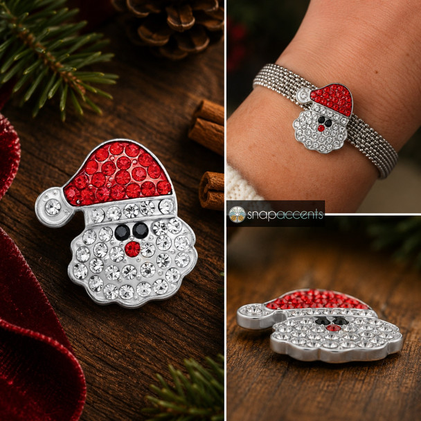 Santa Claus snap jewelry charm with red rhinestone hat, white rhinestone beard, and black eyes, shown loose and attached to a silver mesh bracelet