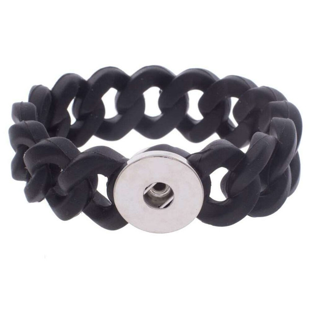 Black chunky chain link silicone snap bracelet with silver-tone snap button for interchangeable jewelry accents, unisex fashion accessory.