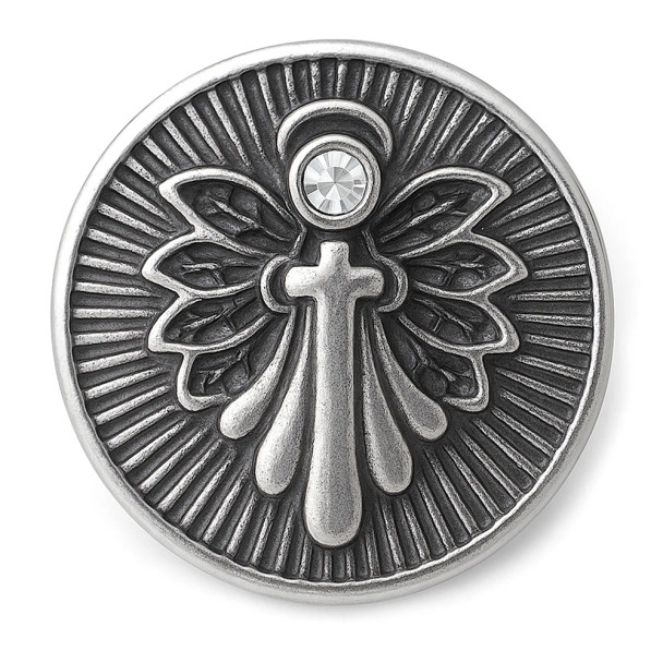 Round silver SnapAccents snap jewelry charm featuring an angel design with detailed wings, a cross-shaped body, and a clear rhinestone accent at the head, set against a textured radial background.