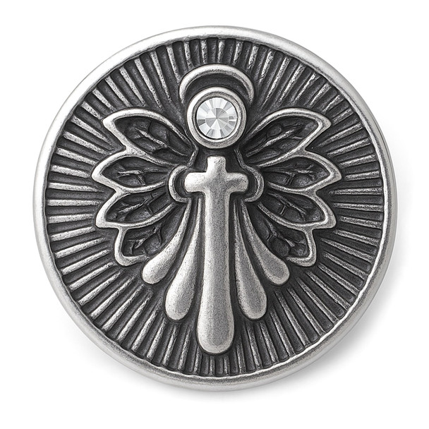 round silver snap jewelry charm with a raised cross and detailed angel wings design, featuring a clear rhinestone at the top center