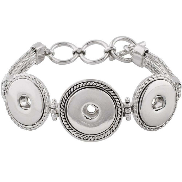 Silver-tone SnapAccents snap button bracelet with three round decorative settings, adjustable chain links, and textured edges, designed for interchangeable snap charms, stylish and versatile jewelry accessory.