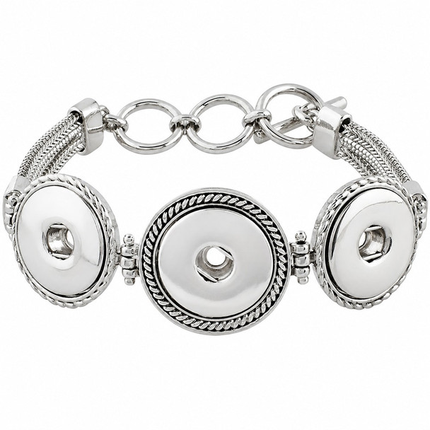 silver-tone 3 snap jewelry bracelet with decorative rope edge details and mesh-style band secured by a simple toggle clasp