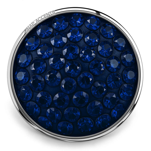 SnapAccents round snap jewelry charm with deep blue faceted crystals set in silver-tone metal, interchangeable decorative accessory for snap bracelets, necklaces, and fashion jewelry.