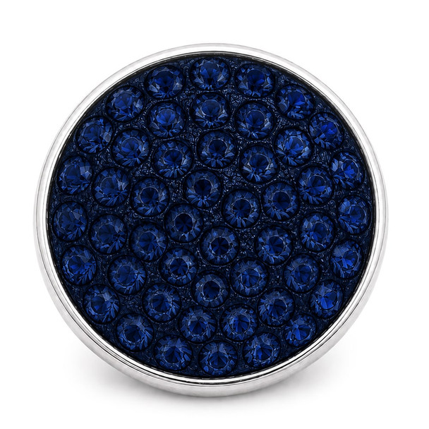 round snap jewelry charm covered with multiple deep navy blue rhinestones set in a silver-tone metal base