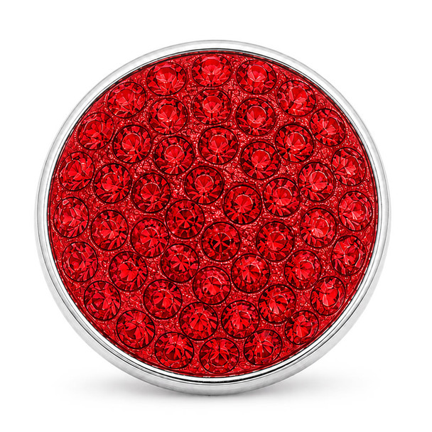 Round snap jewelry charm with multiple small red rhinestones set closely together in a silver-tone base