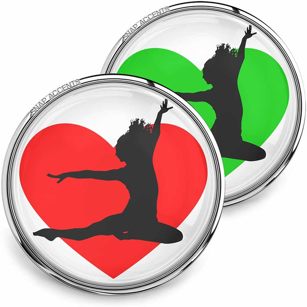 SnapAccents snap jewelry featuring black silhouette of a dancer leaping in front of vibrant red and green heart backgrounds, round interchangeable snap charms with silver metal edges, perfect for dance lovers, gift ideas, and customizable fashion accessories.