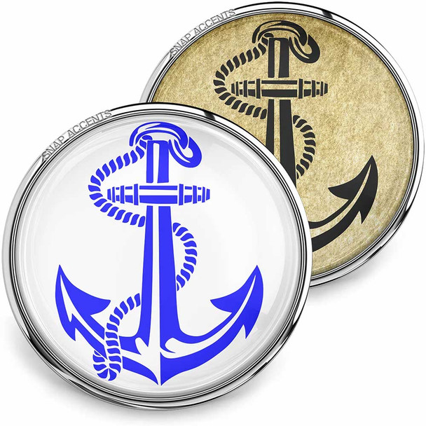 SnapAccents snap jewelry set featuring two interchangeable round snaps with anchor and rope design, one in vibrant blue on white background and one in black on vintage beige background, perfect for nautical-themed accessories, customizable snap jewelry, and stylish interchangeable fashion pieces.