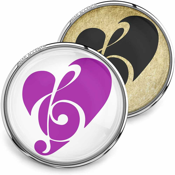 SnapAccents snap jewelry charm featuring a purple treble clef integrated into a heart design on a white background, with a matching black treble clef heart on a gold textured background, set in a round silver-tone metal frame, perfect for music lovers and customizable snap jewelry accessories.
