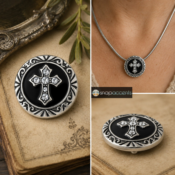 snap jewelry charm with a silver-tone detailed border and a rhinestone-studded Celtic cross on a black background, shown loose and worn on a silver necklace