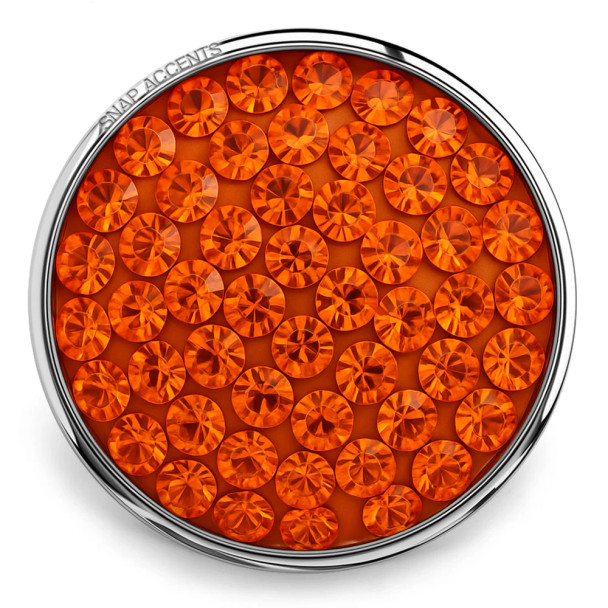 SnapAccents round snap jewelry charm with vibrant orange faceted crystals set in silver-tone metal, perfect for interchangeable snap bracelets, necklaces, and accessories, adding a bold and sparkling accent to personalized fashion jewelry.