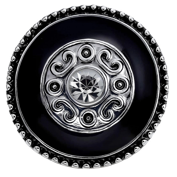 black snap jewelry charm with silver scroll detailing and a central clear rhinestone surrounded by a beaded silver edge