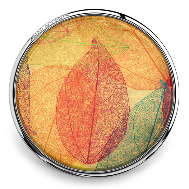 round snap jewelry charm with translucent glass featuring overlapping autumn leaves in orange, red, yellow, and green with a silver metal rim