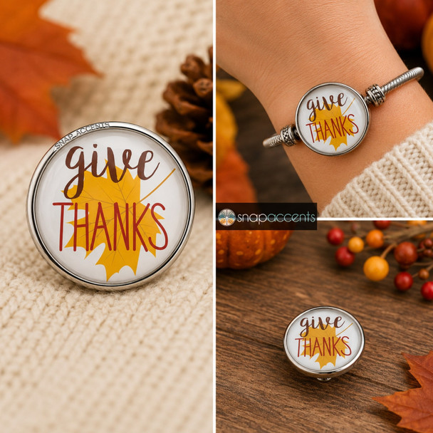 round snap jewelry charm with a yellow leaf and the words give THANKS in brown and red, shown loose and attached to a silver bracelet