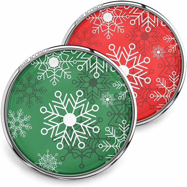 SnapAccents holiday snap jewelry buttons featuring red and green backgrounds with white and dark snowflake patterns, round metal snap charms for interchangeable bracelets and accessories, festive Christmas-themed snap jewelry pieces.