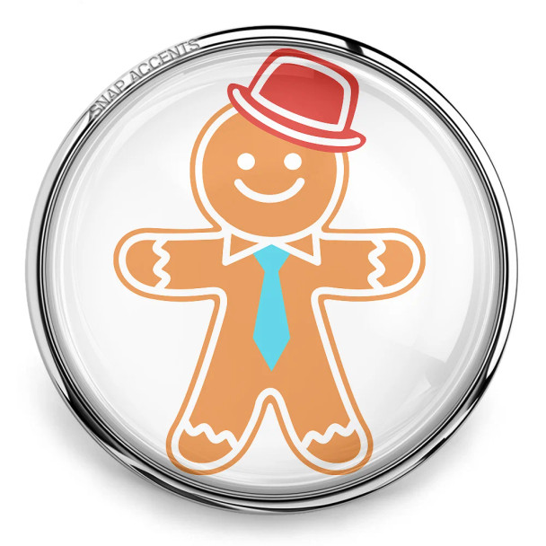 SnapAccents snap jewelry charm featuring a smiling gingerbread man wearing a red hat and blue tie, encased in a shiny silver-tone round frame, perfect for holiday-themed interchangeable snap accessories.
