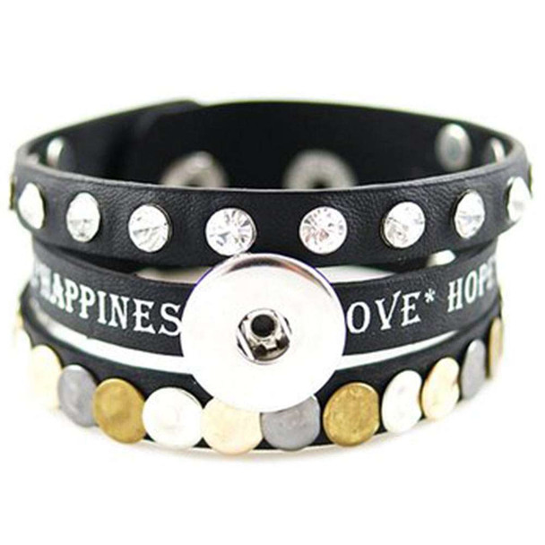 Black leather wrap bracelet with snap button centerpiece, decorated with clear rhinestones and metallic gold, silver, and bronze studs, featuring inspirational words "HAPPINESS," "LOVE," and "HOPE" printed in white, stylish unisex accessory for casual or trendy fashion.
