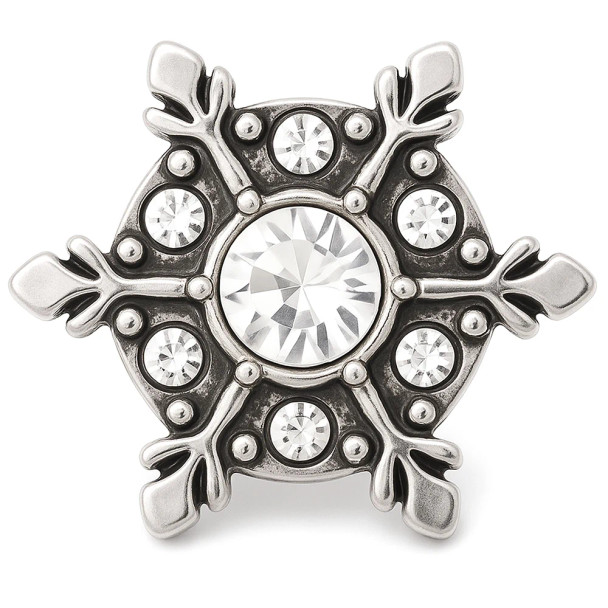 Silver snowflake snap charm with clear rhinestones, decorative metal jewelry accent for interchangeable snap bracelets, necklaces, and accessories, winter holiday fashion embellishment.