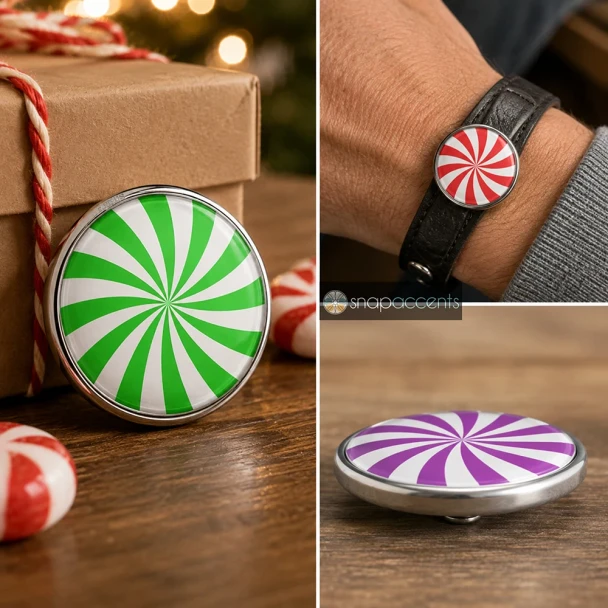 SnapAccents holiday snap jewelry buttons featuring red and white and green and white peppermint swirl designs, round metal snap charms, festive Christmas accessories, decorative interchangeable jewelry pieces on cozy knit background.