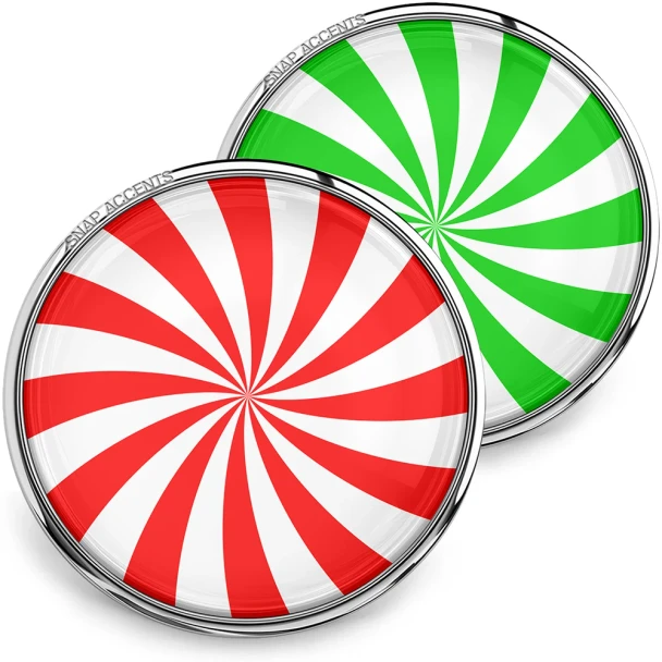 SnapAccents holiday snap jewelry buttons featuring red and white and green and white peppermint swirl designs, round metal snap charms, festive Christmas accessories, decorative interchangeable jewelry pieces on cozy knit background.