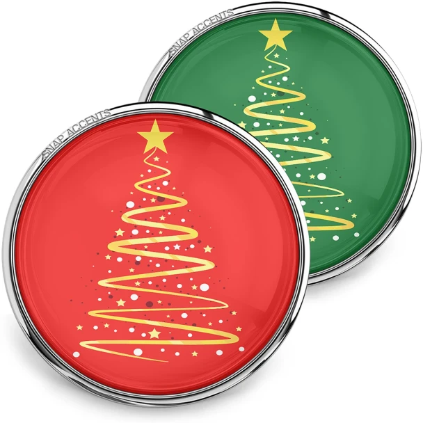 Christmas snap jewelry buttons with gold stylized Christmas tree design on red and green backgrounds, festive holiday accessories by SnapAccents, perfect for seasonal fashion and gift ideas.
