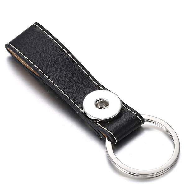 Black leather SnapAccents keychain with silver snap button and metal keyring, stylish and durable accessory for personalized snap jewelry charms, perfect for everyday use and gift ideas.