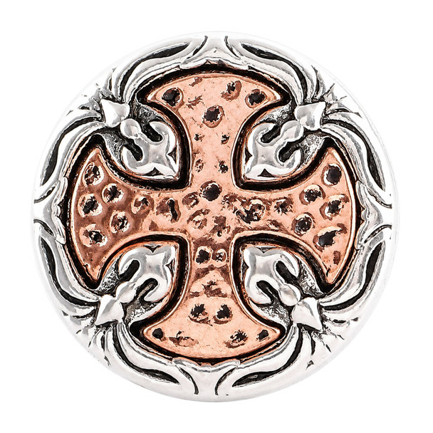 round snap jewelry charm with a textured rose gold cross and ornate silver border featuring fleur-de-lis accents