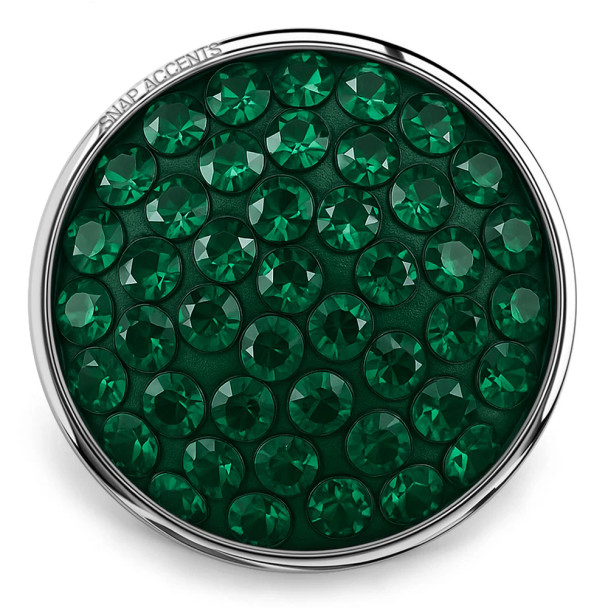 Round SnapAccents snap jewelry charm with multiple faceted emerald green crystals set in silver-tone metal, perfect for interchangeable snap bracelets, necklaces, and accessories.