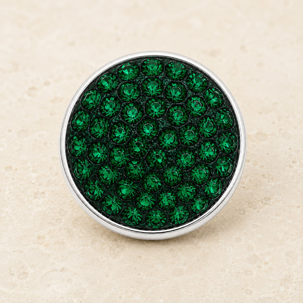 round snap jewelry charm covered with multiple dark green faceted rhinestones set in a silver-tone metal base
