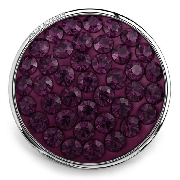 SnapAccents round snap jewelry charm with deep purple faceted crystals set in silver-tone metal, perfect for interchangeable snap bracelets, necklaces, and accessories.