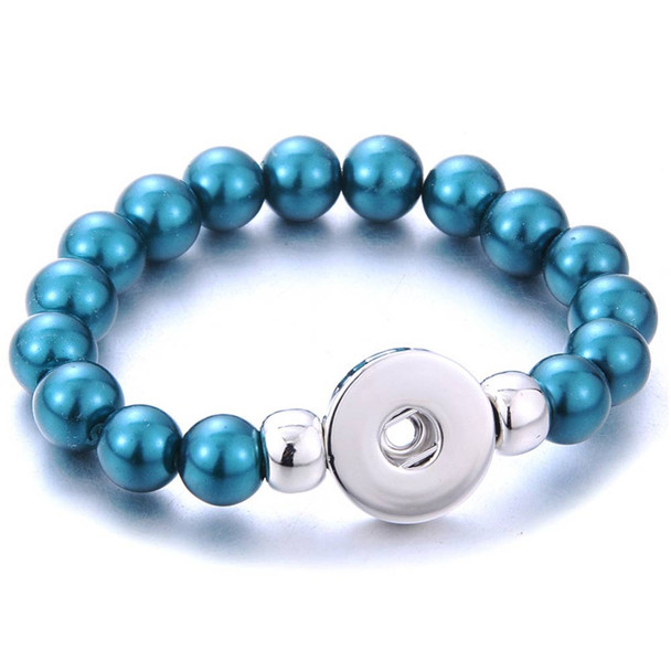 Blue pearl snap button bracelet with silver-tone snap charm base, stretch beaded jewelry for interchangeable snap accents, trendy fashion accessory for women and girls.