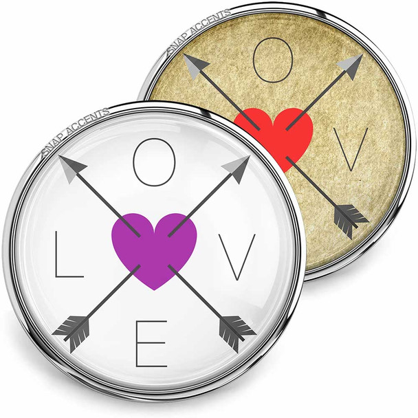 SnapAccents snap jewelry set featuring interchangeable round charms with "LOVE" design, crossed arrows, and heart in purple and red on white and gold backgrounds, perfect for customizable snap button accessories, bracelets, and necklaces.