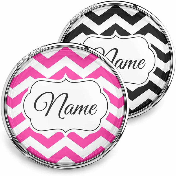 SnapAccents customizable snap jewelry buttons with chevron pattern in pink and black, featuring elegant name label design, interchangeable fashion accessories for bracelets and necklaces, personalized gift idea, stylish and trendy snap charms for women and girls.