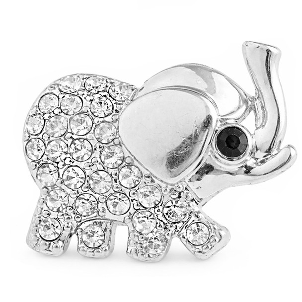 Silver snap jewelry charm shaped like an elephant with clear rhinestones covering its body and a black gem eye