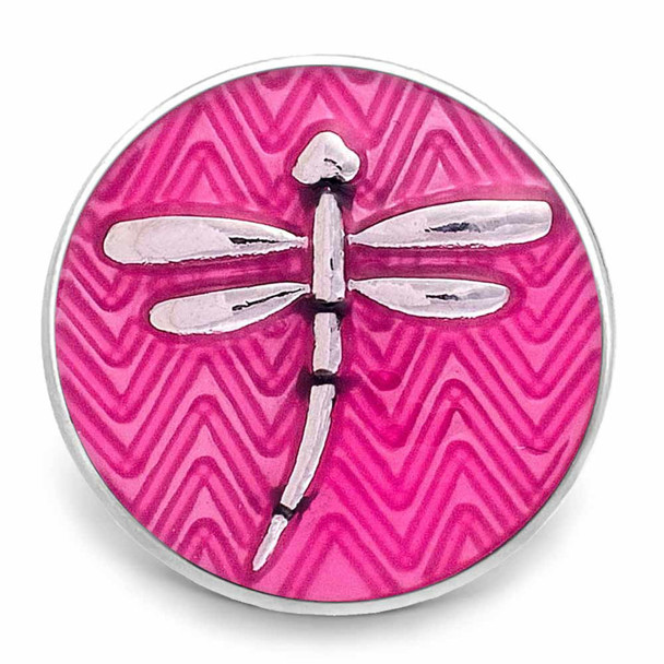 round snap jewelry charm with a silver dragonfly design on a vibrant pink chevron enamel background