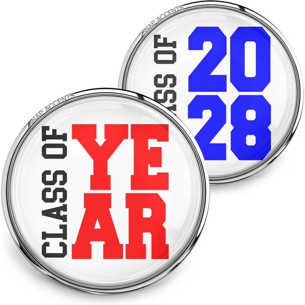 SnapAccents snap jewelry set featuring two interchangeable snaps with "Class of YEAR" in bold red and "Class of 2028" in bold blue, perfect for graduation gifts, school spirit accessories, and personalized snap charm collections.