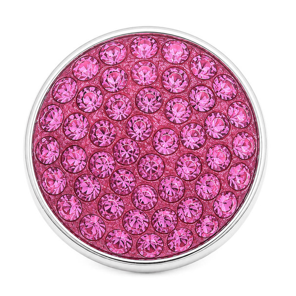 round snap jewelry charm covered with multiple bright pink rhinestones set in a silver-tone base
