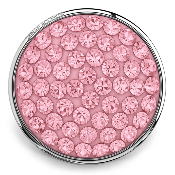 SnapAccents round snap jewelry charm with multiple pink rhinestones set in silver-tone metal, decorative interchangeable accessory for snap bracelets, necklaces, and fashion jewelry.