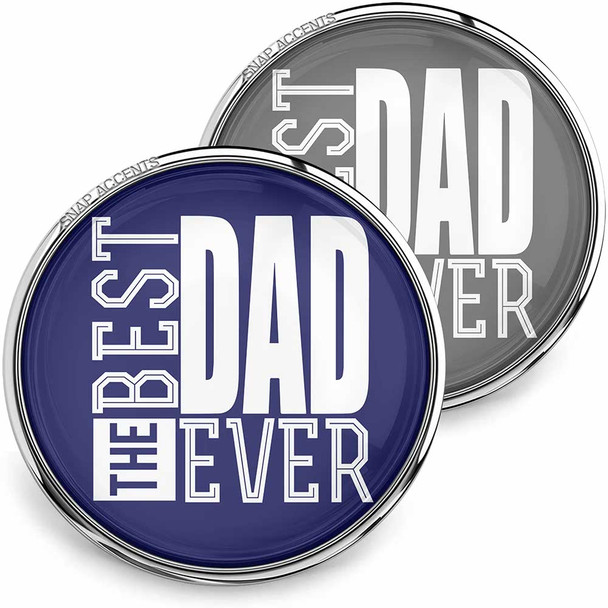 Best Dad Ever snap jewelry charm set by SnapAccents, round interchangeable snap buttons with bold white text on navy and gray backgrounds, perfect gift for Father's Day or dad appreciation, stylish and customizable accessory for snap jewelry lovers.