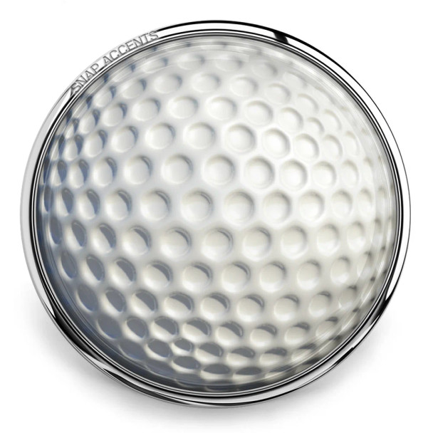 SnapAccents round snap jewelry charm featuring a detailed golf ball design with textured dimples, polished silver-tone metal frame, interchangeable accessory for snap bracelets, necklaces, and customizable jewelry gifts for golf enthusiasts.